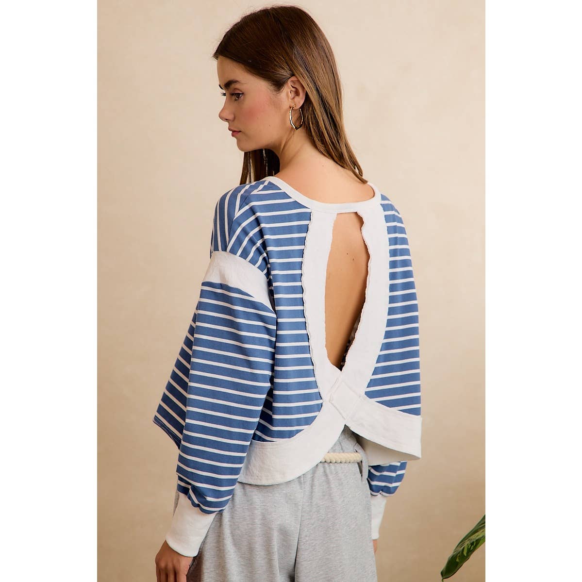 Blue/Ivory Stripe Open Back Long Sleeve Top