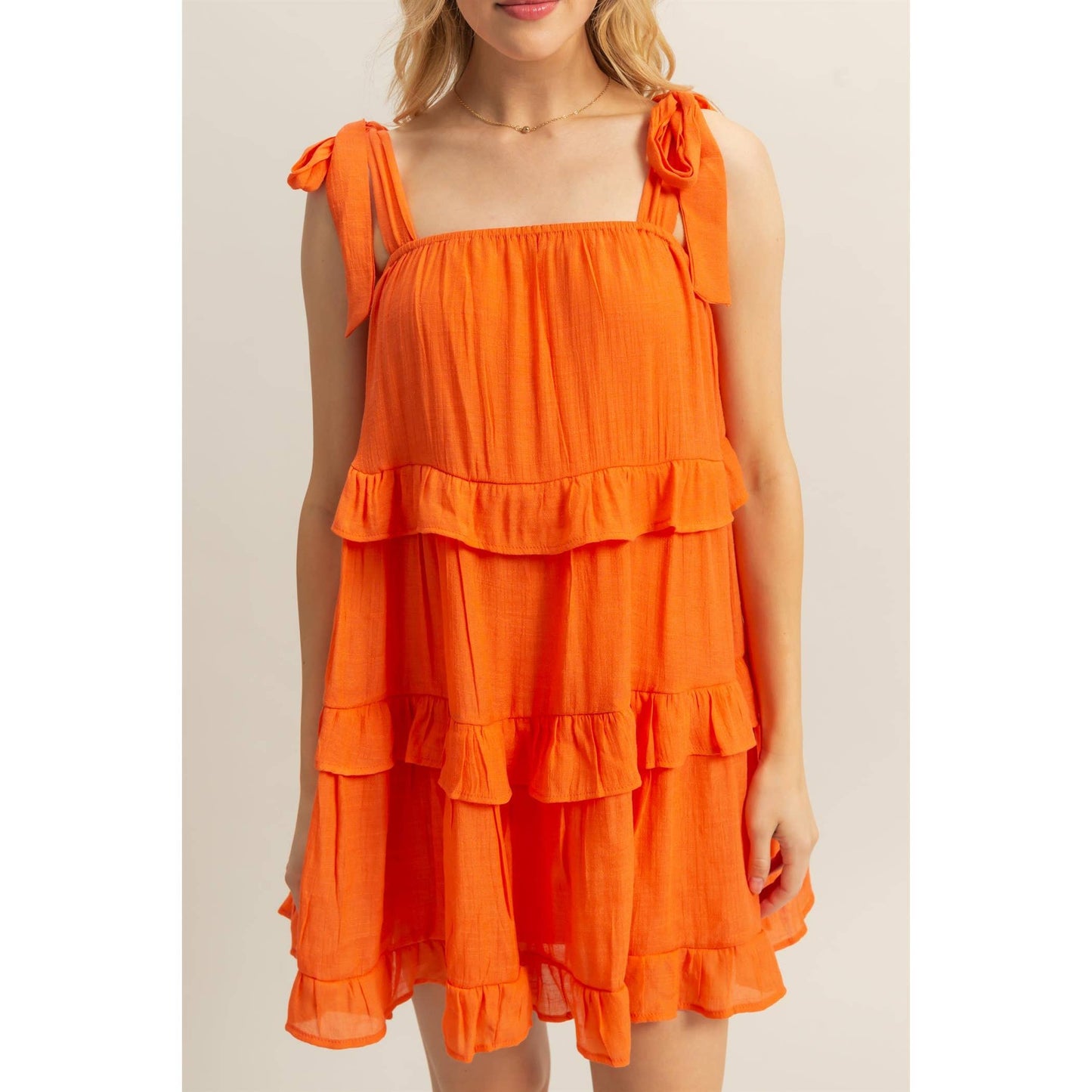 Self Tie Straps Ruffle Tiered Mini Dress: ORANGE
