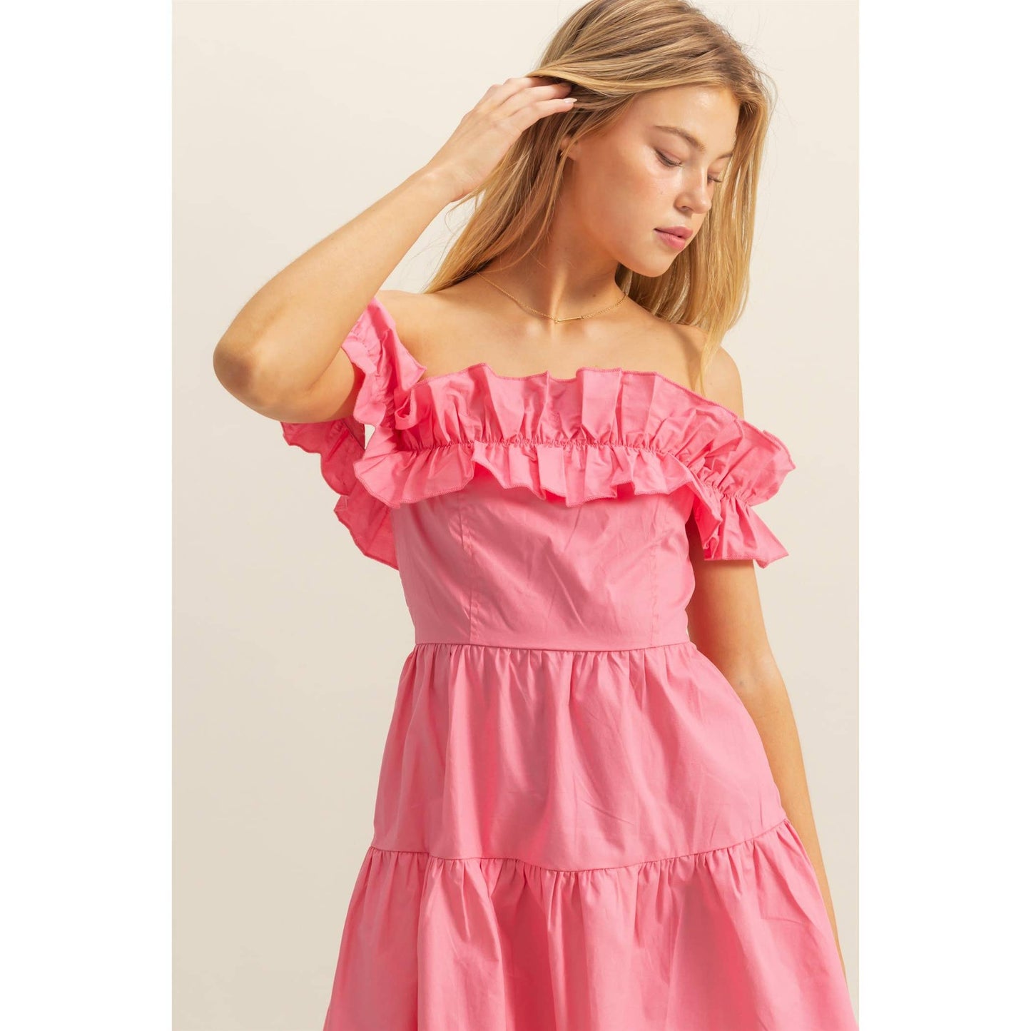 Poplin Off Shoulder Ruffled Mini Dress: PINK
