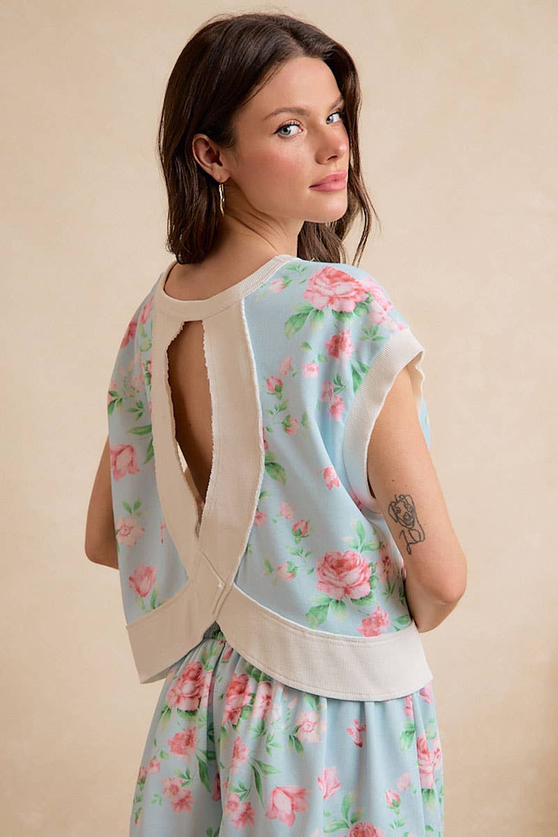 Lt Blue/Pink Floral Printed Terry Open Back Sleeveless Top