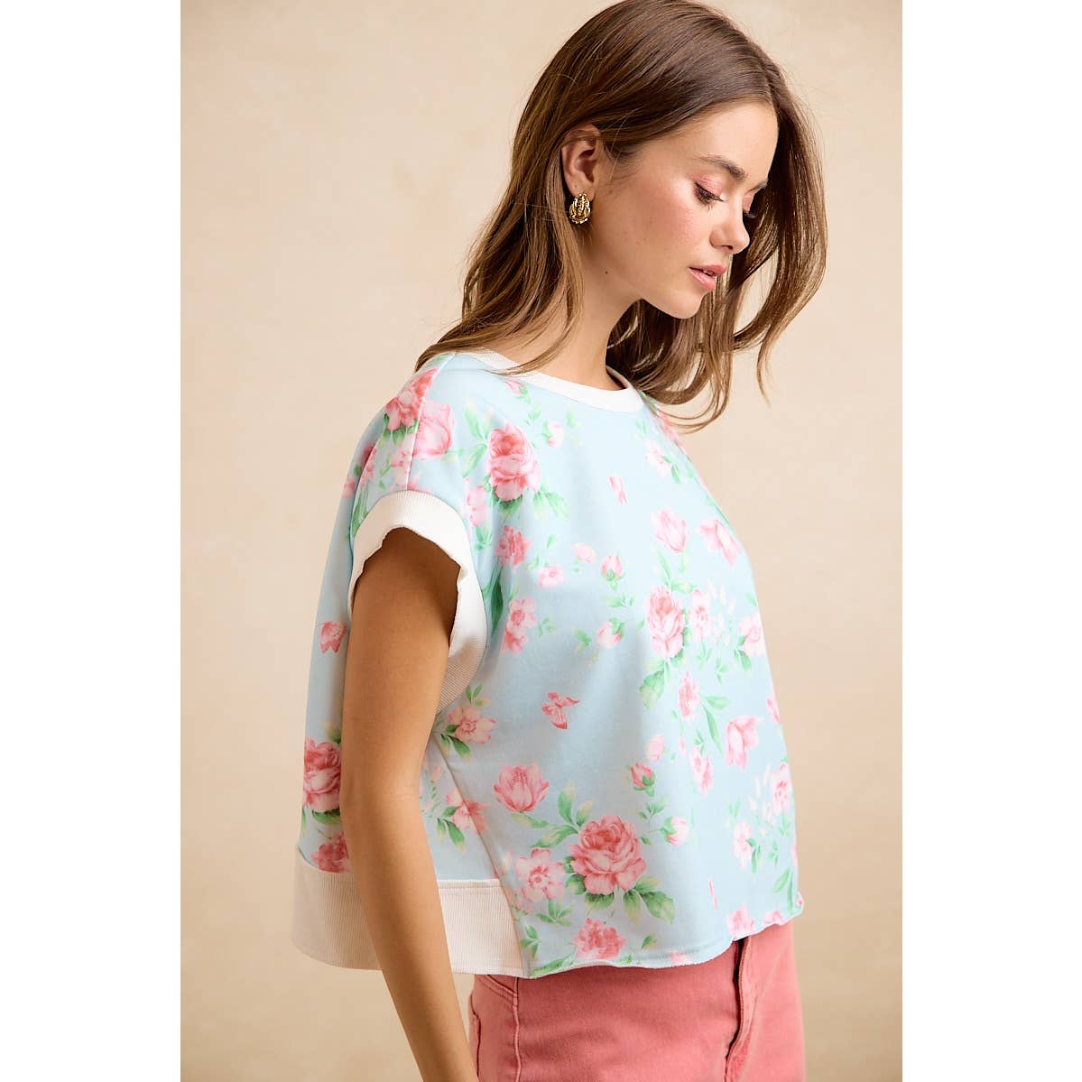 Lt Blue/Pink Floral Printed Terry Open Back Sleeveless Top