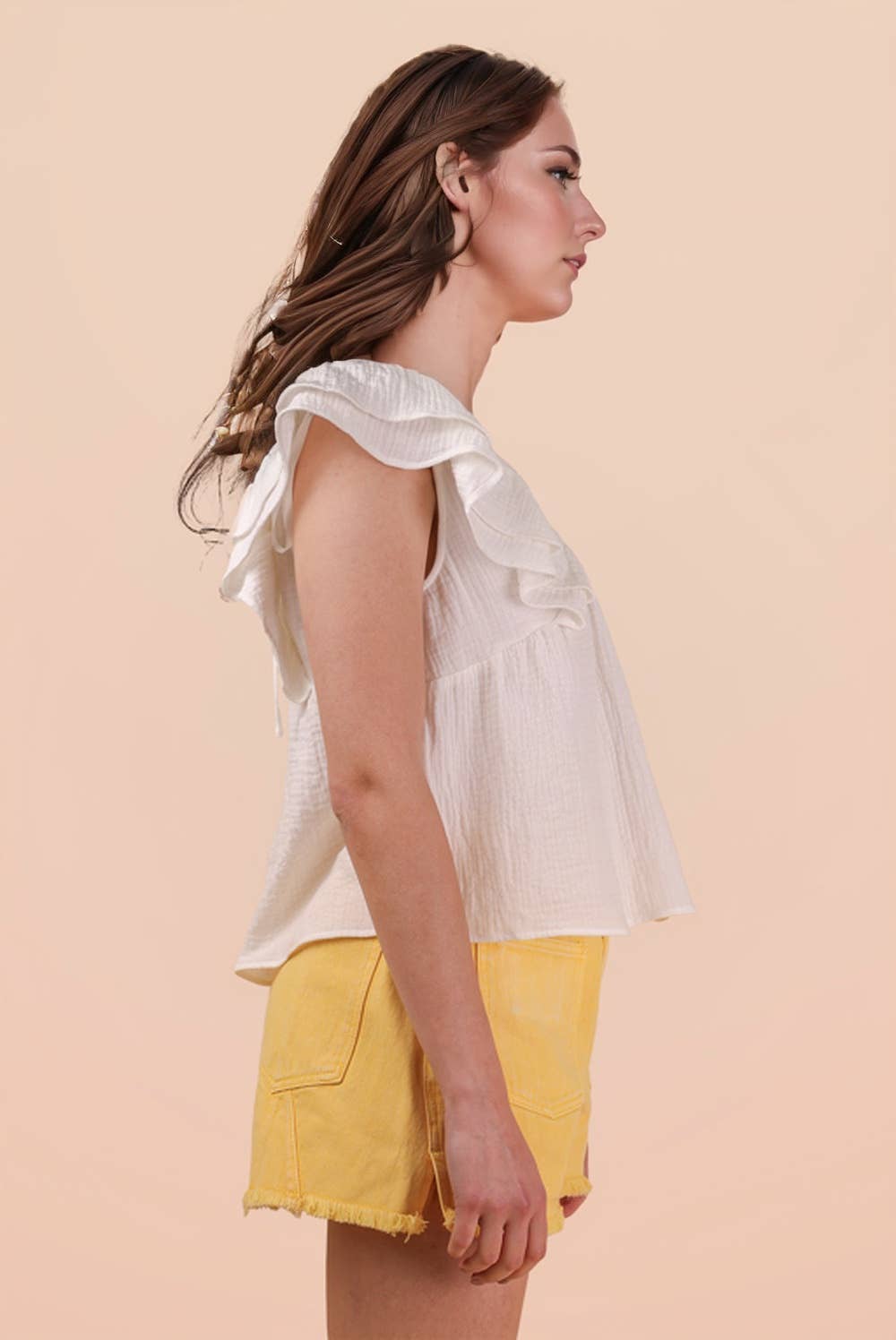 Smocking Detail Ruffle Sleeve Cotton Gauze Top