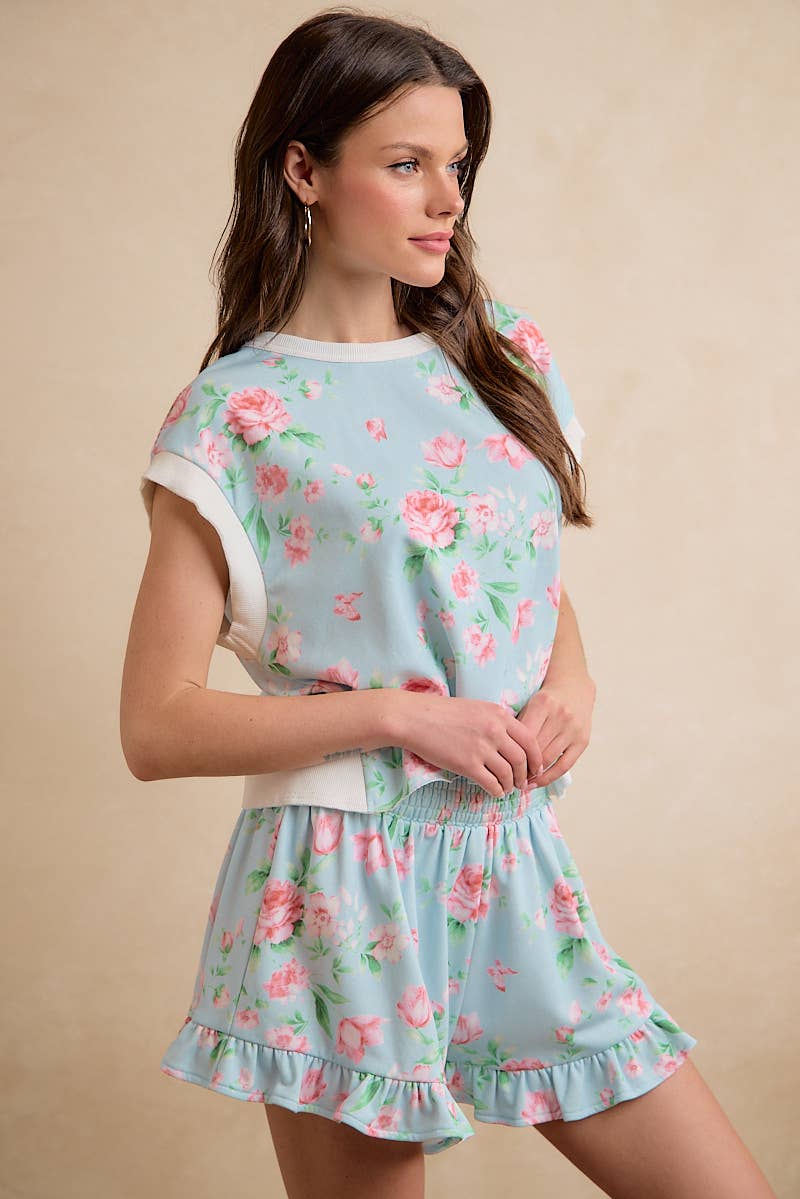 Lt Blue/Pink Floral Printed Terry Open Back Sleeveless Top