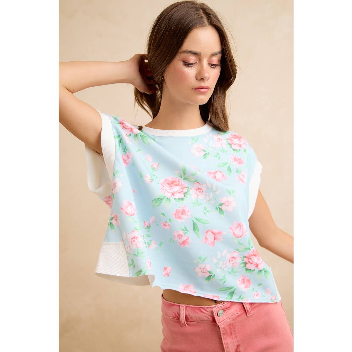 Lt Blue/Pink Floral Printed Terry Open Back Sleeveless Top