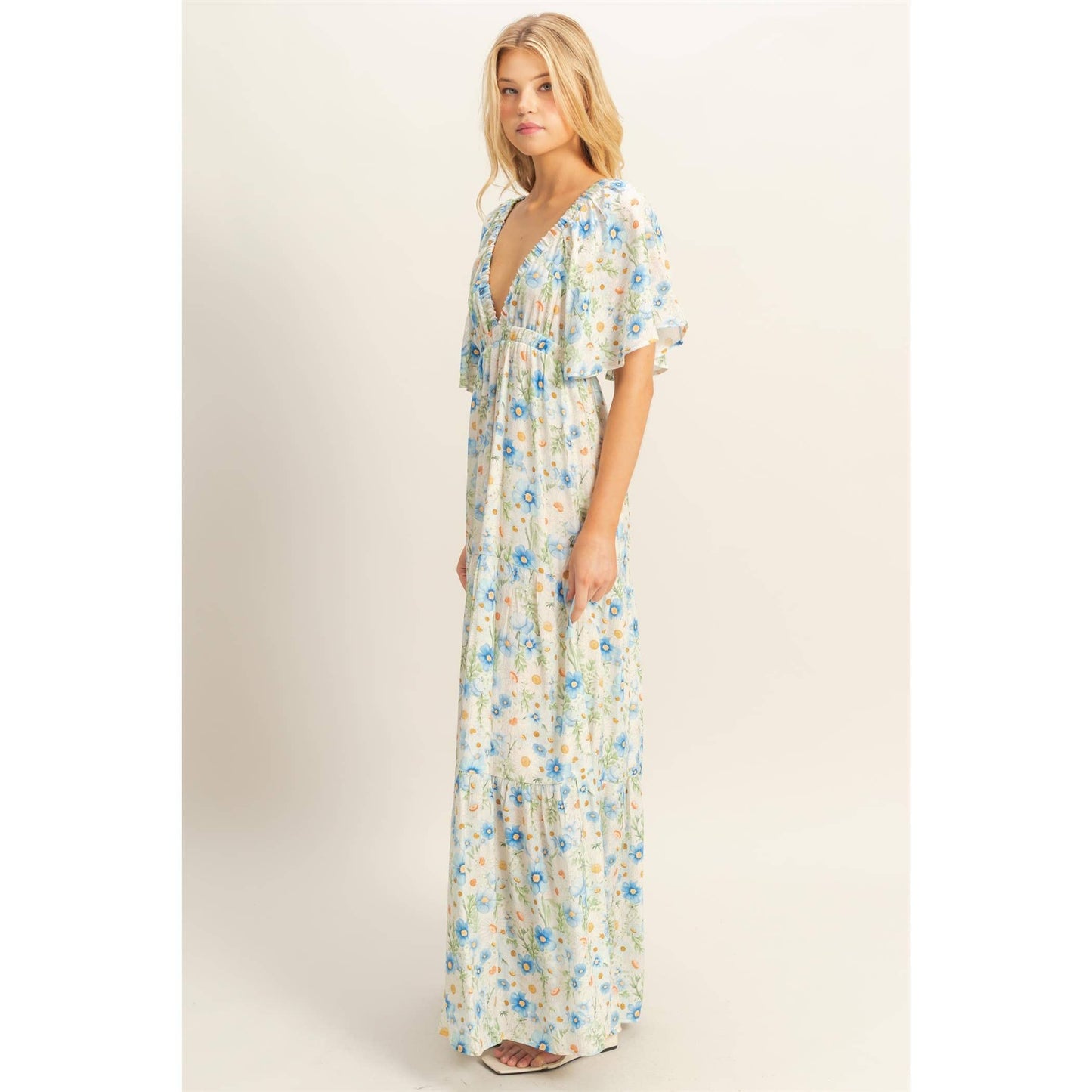 Floral V-Neck Flowy Tiered Maxi Dress: BLUE