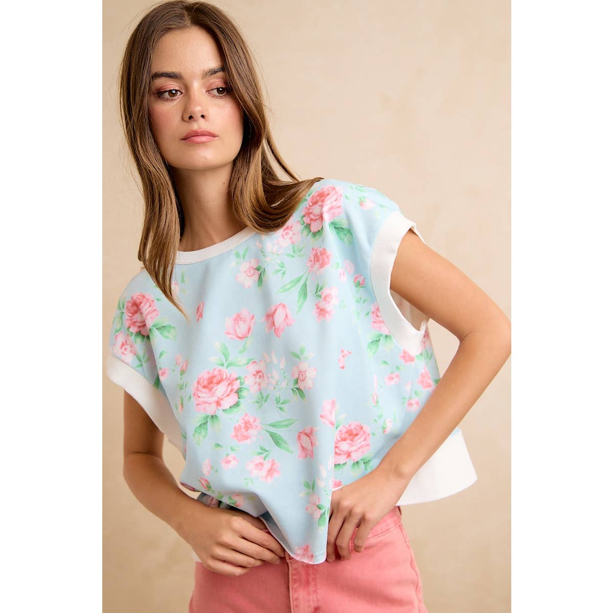 Lt Blue/Pink Floral Printed Terry Open Back Sleeveless Top