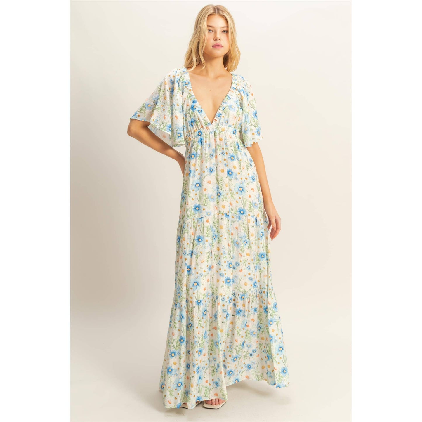 Floral V-Neck Flowy Tiered Maxi Dress: BLUE