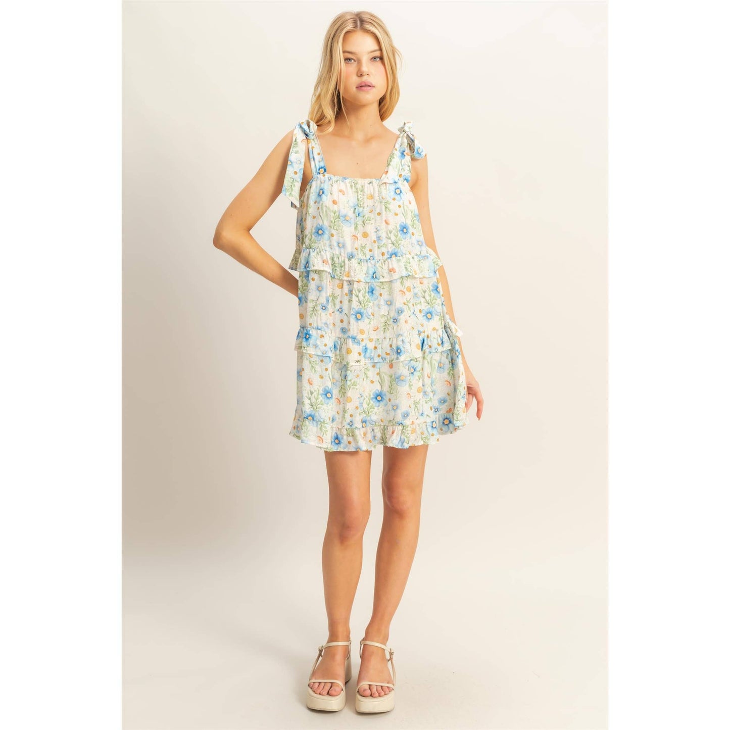 Floral Self-Tie Straps Ruffle Mini Dress: BLUE