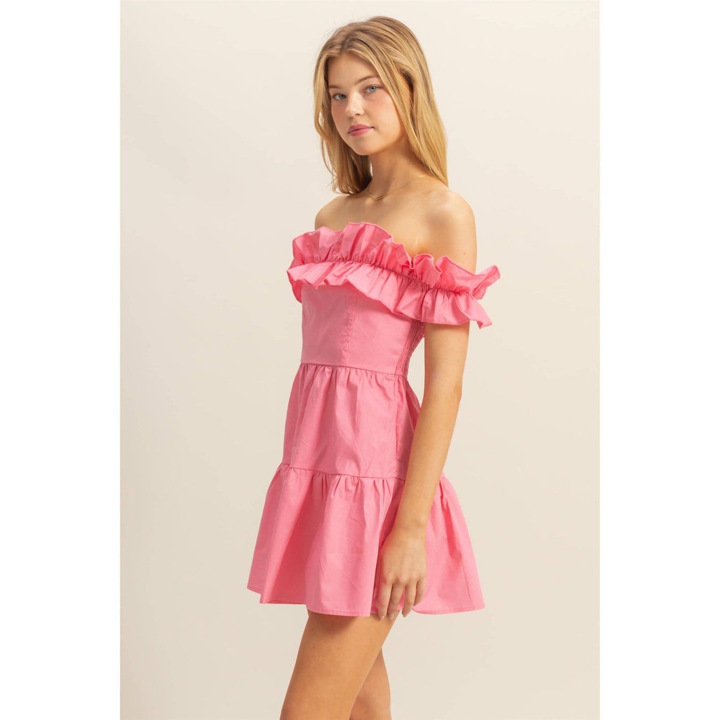 Poplin Off Shoulder Ruffled Mini Dress: PINK