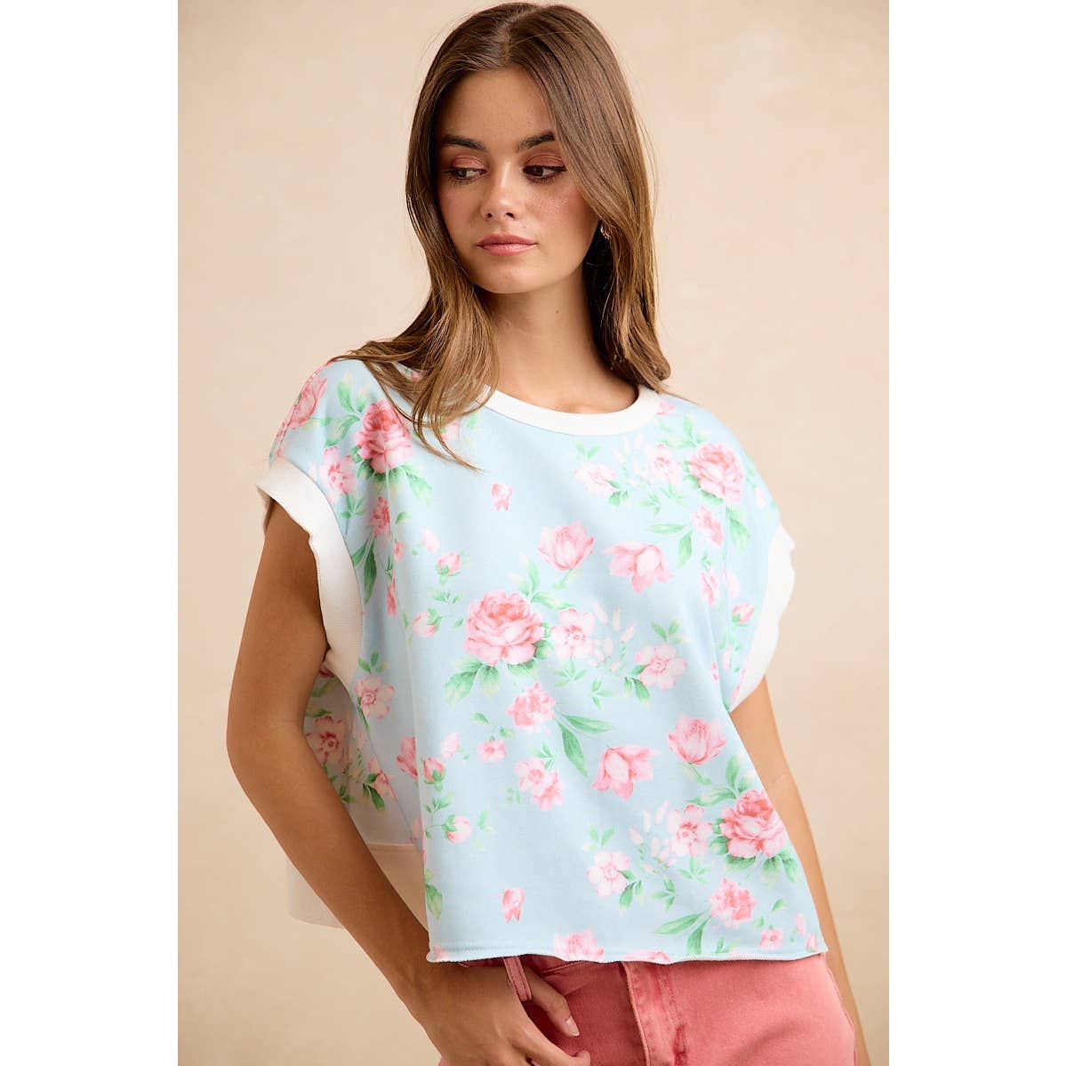 Lt Blue/Pink Floral Printed Terry Open Back Sleeveless Top