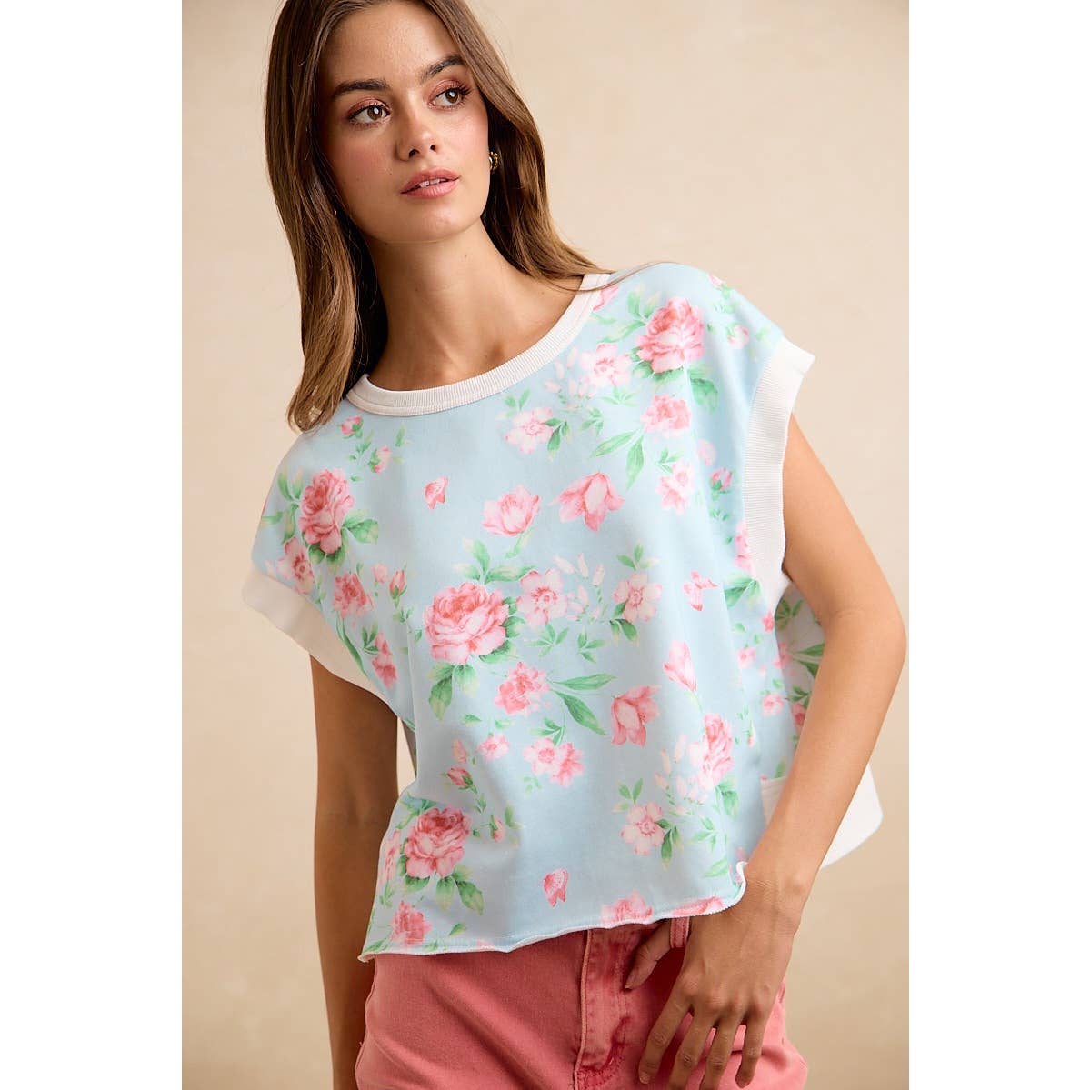 Lt Blue/Pink Floral Printed Terry Open Back Sleeveless Top