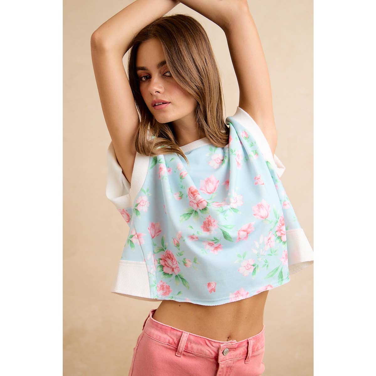Lt Blue/Pink Floral Printed Terry Open Back Sleeveless Top