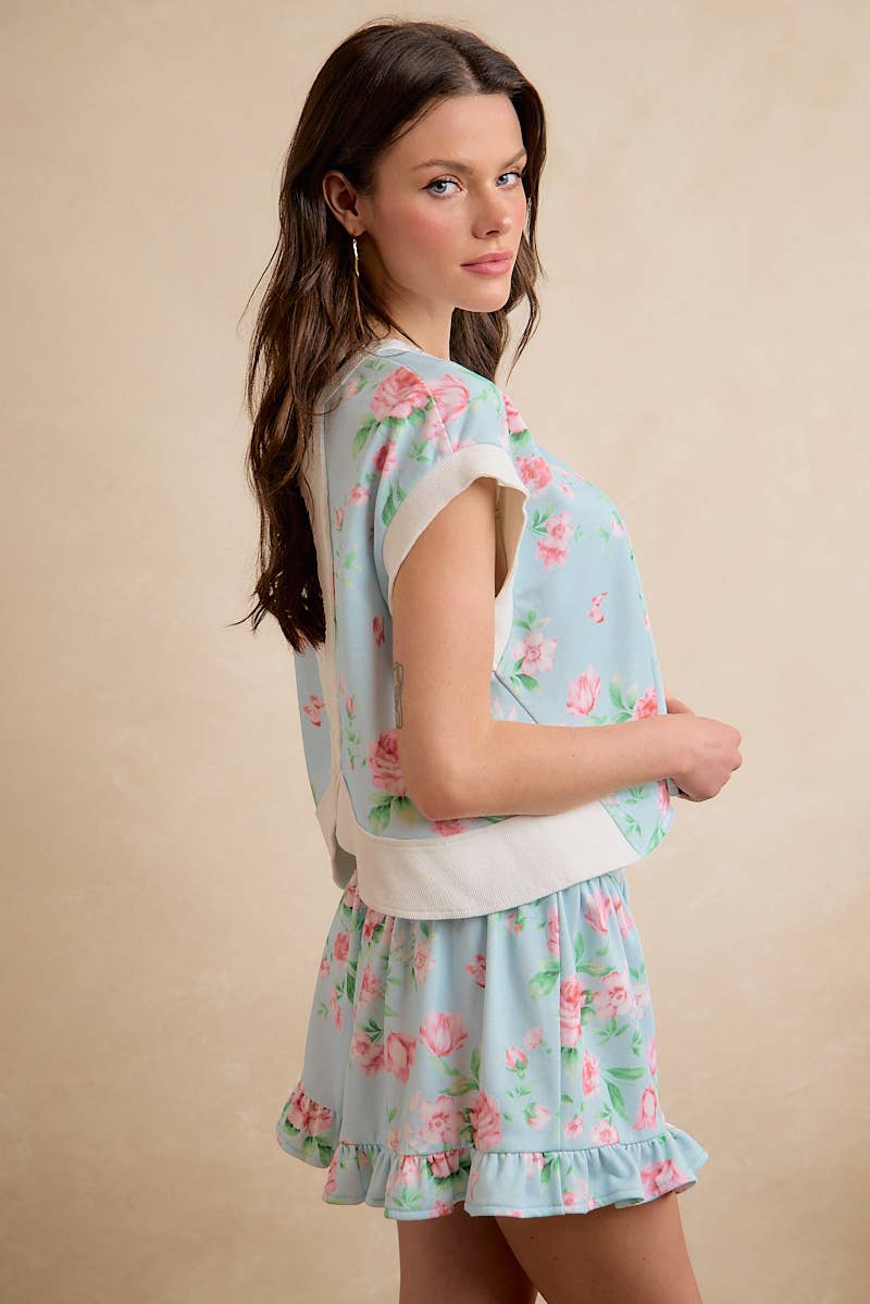 Lt Blue/Pink Floral Printed Terry Open Back Sleeveless Top