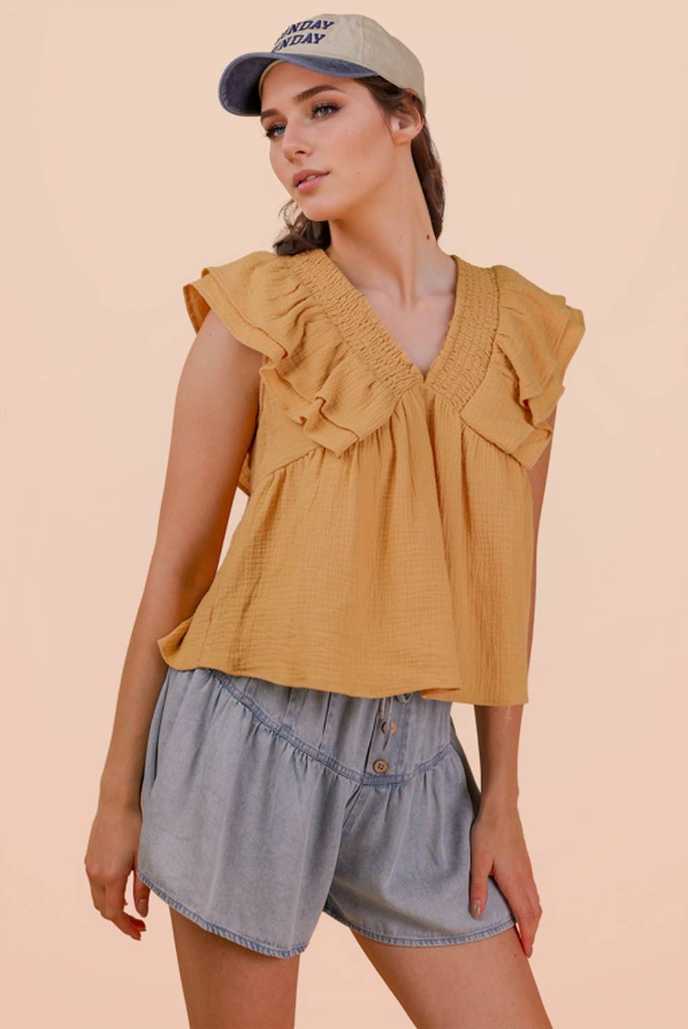 Smocking Detail Ruffle Sleeve Cotton Gauze Top