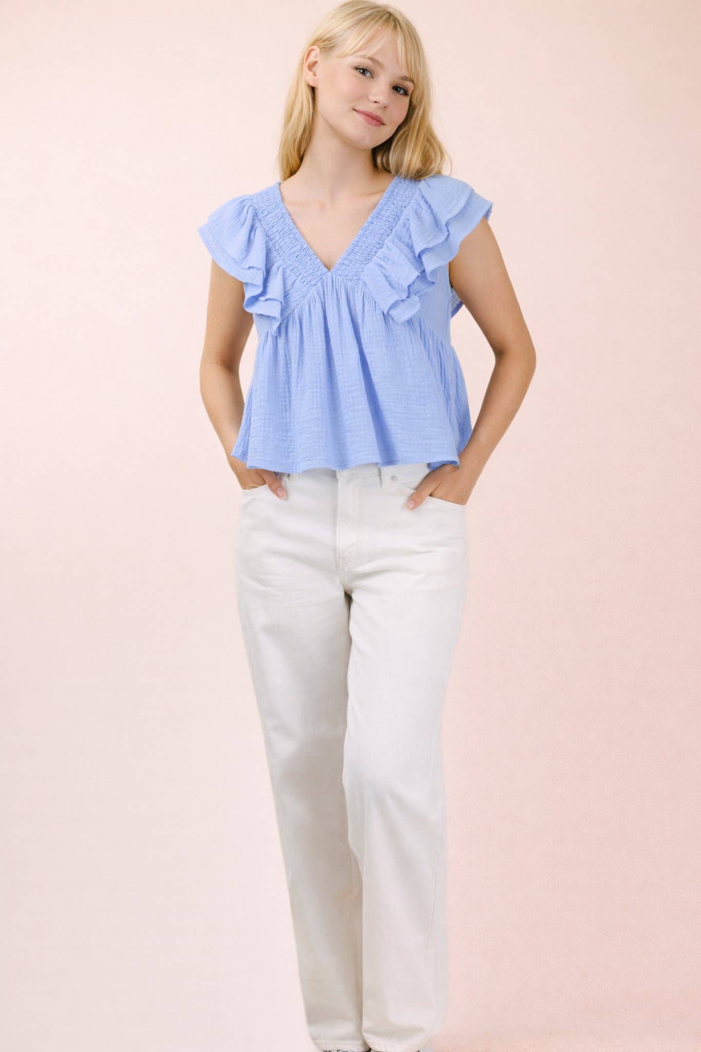 Smocking Detail Ruffle Sleeve Cotton Gauze Top
