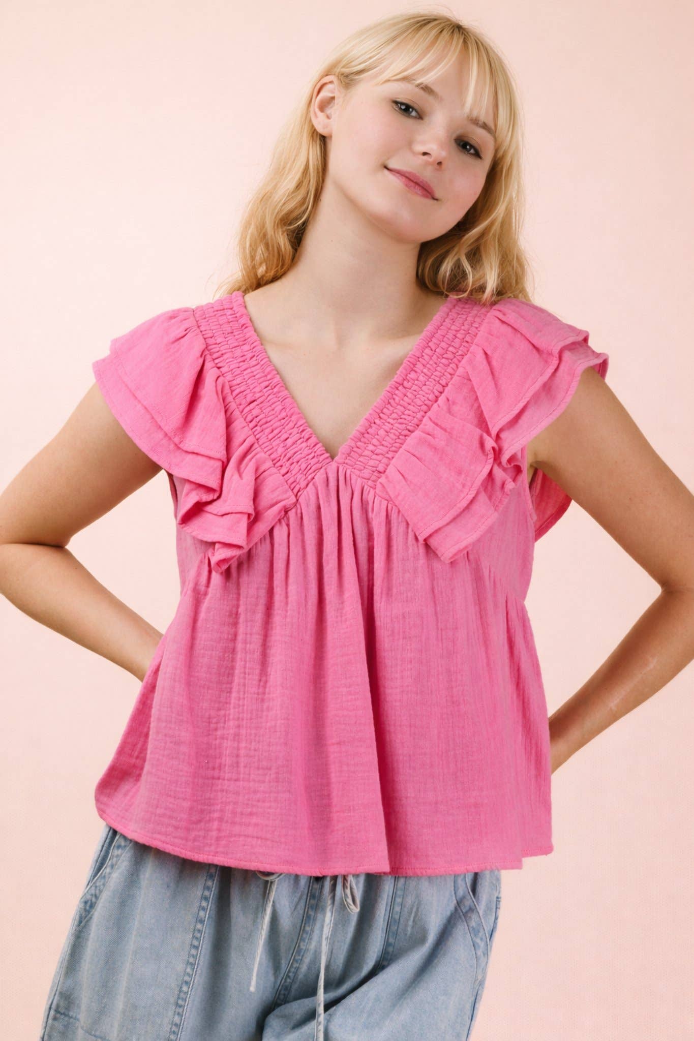 Smocking Detail Ruffle Sleeve Cotton Gauze Top