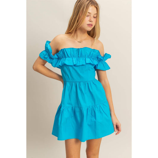 Poplin Off Shoulder Ruffled Mini Dress: AQUA BLUE