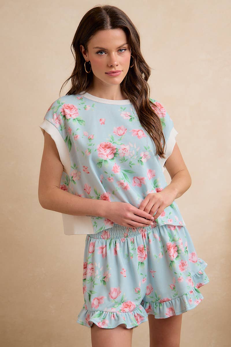Lt Blue/Pink Floral Printed Terry Open Back Sleeveless Top