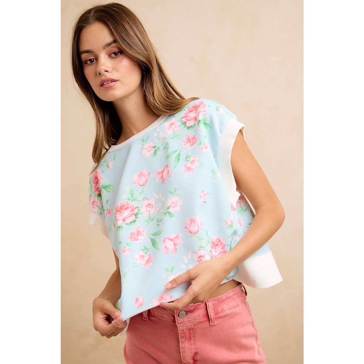 Lt Blue/Pink Floral Printed Terry Open Back Sleeveless Top