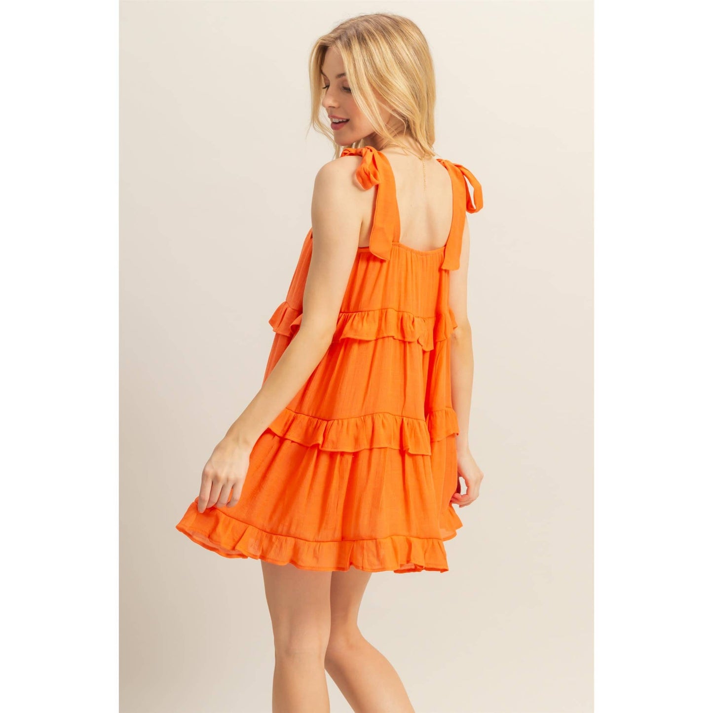 Self Tie Straps Ruffle Tiered Mini Dress: ORANGE