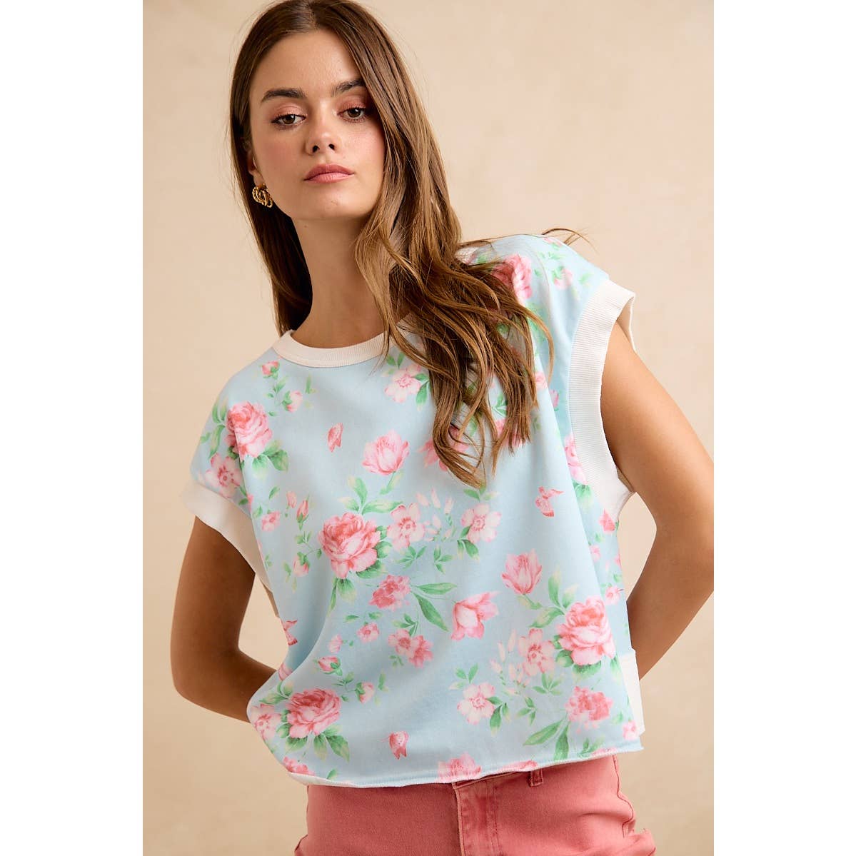 Lt Blue/Pink Floral Printed Terry Open Back Sleeveless Top