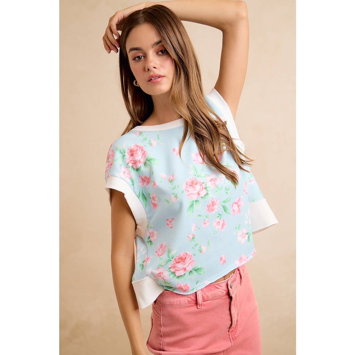 Lt Blue/Pink Floral Printed Terry Open Back Sleeveless Top