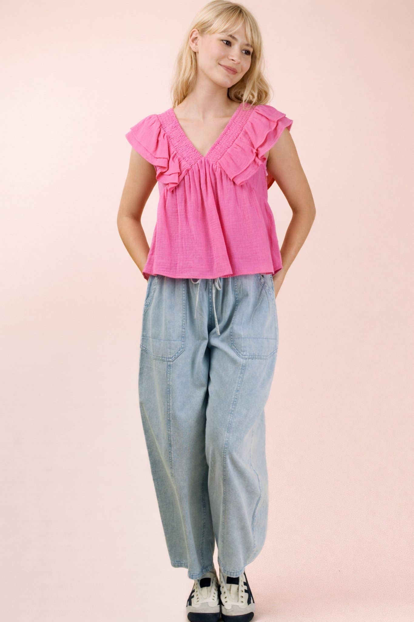 Smocking Detail Ruffle Sleeve Cotton Gauze Top