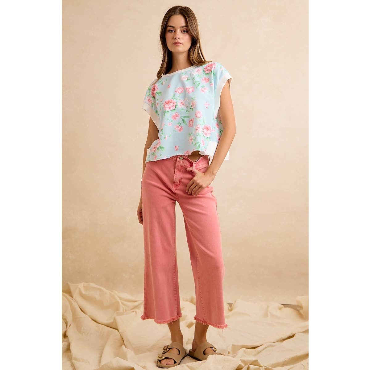 Lt Blue/Pink Floral Printed Terry Open Back Sleeveless Top