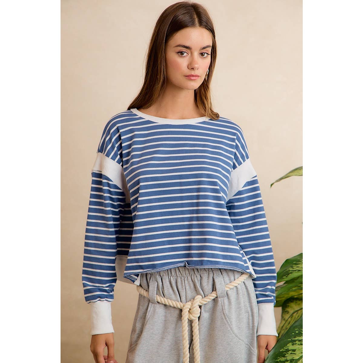 Blue/Ivory Stripe Open Back Long Sleeve Top
