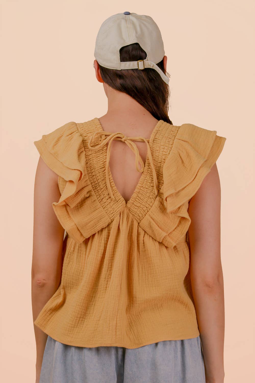 Smocking Detail Ruffle Sleeve Cotton Gauze Top