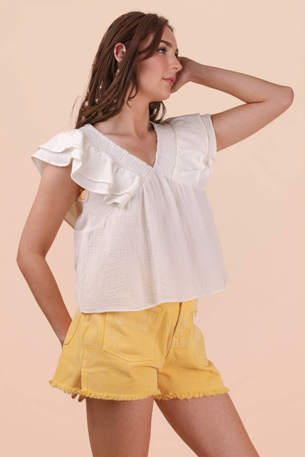 Smocking Detail Ruffle Sleeve Cotton Gauze Top