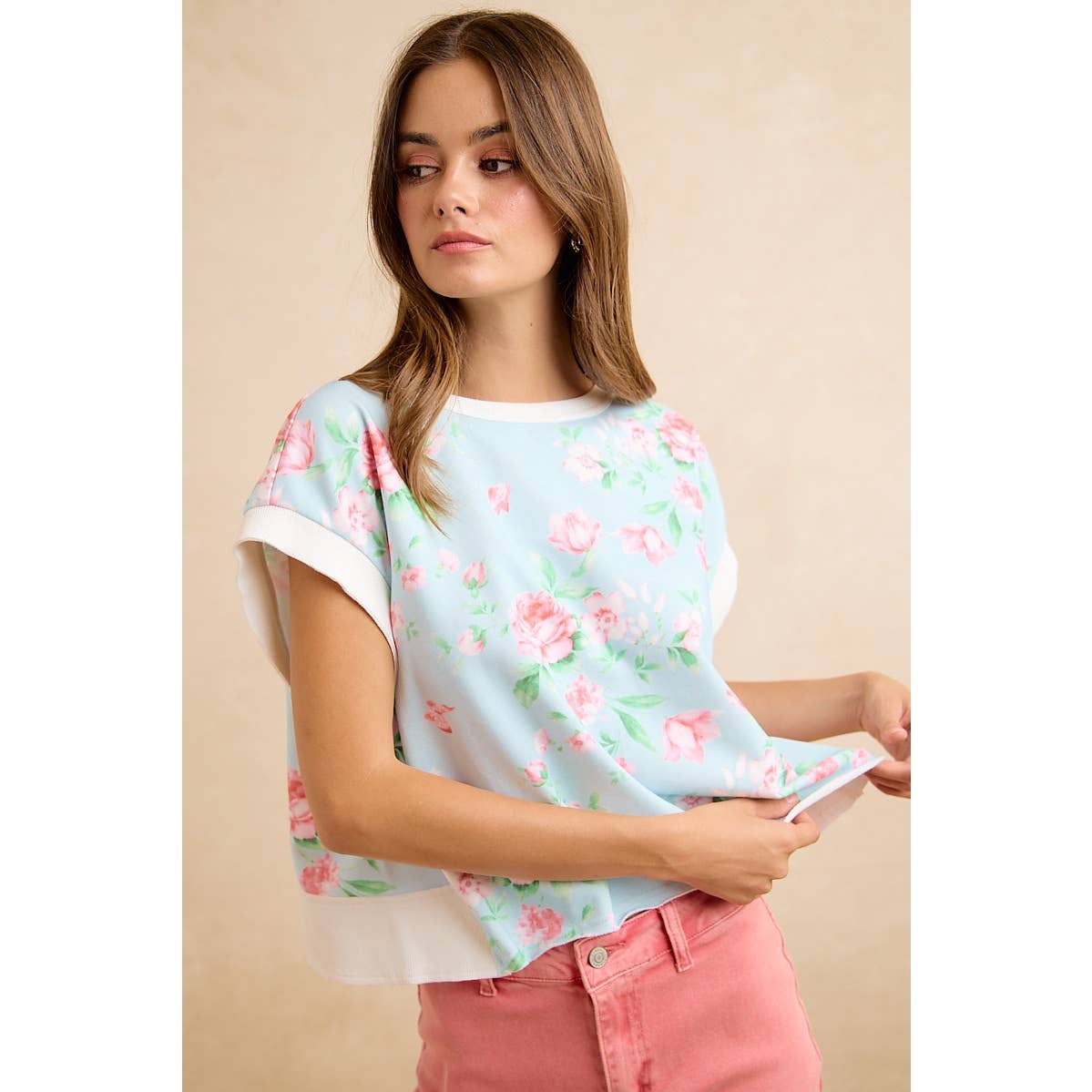 Lt Blue/Pink Floral Printed Terry Open Back Sleeveless Top