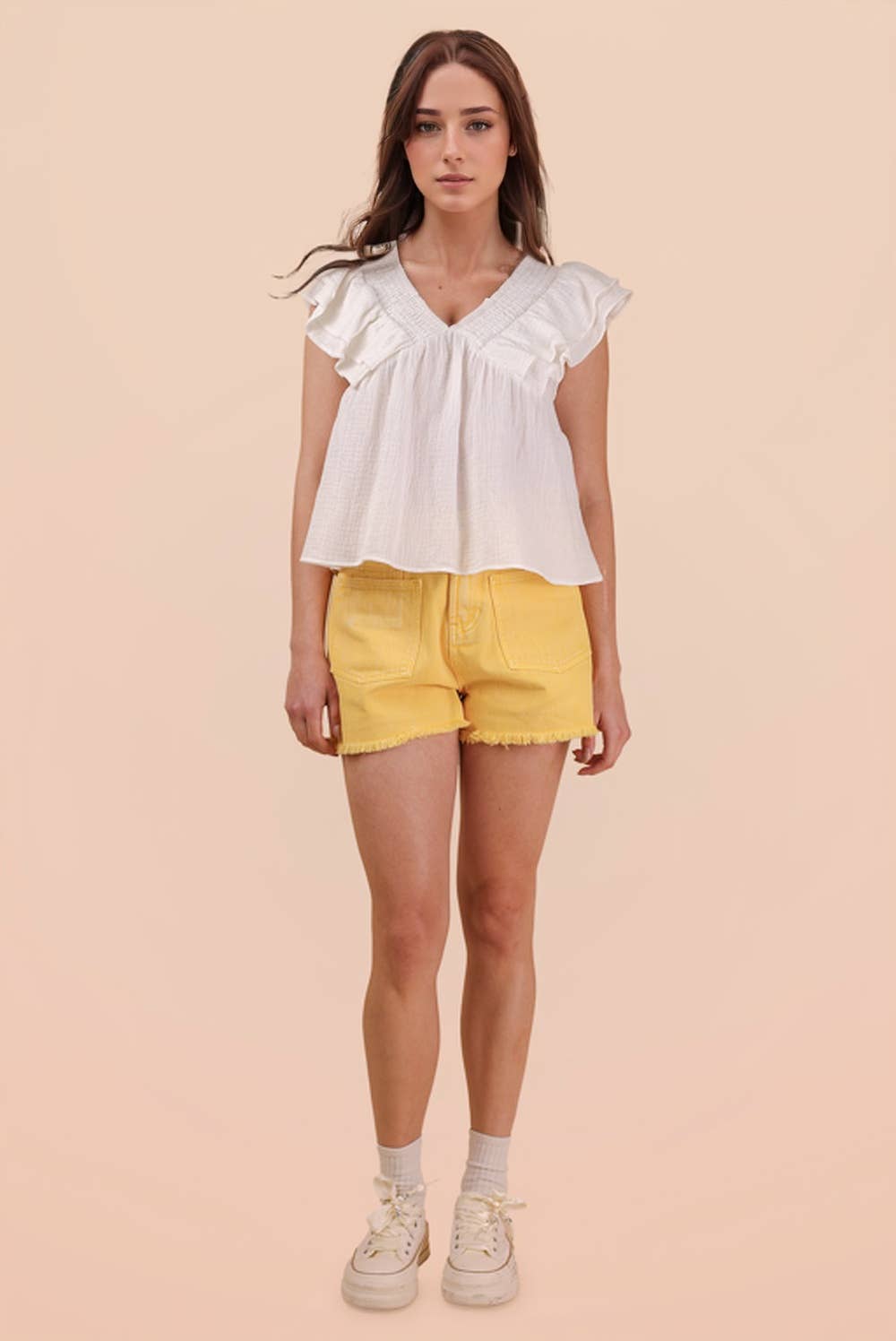 Smocking Detail Ruffle Sleeve Cotton Gauze Top