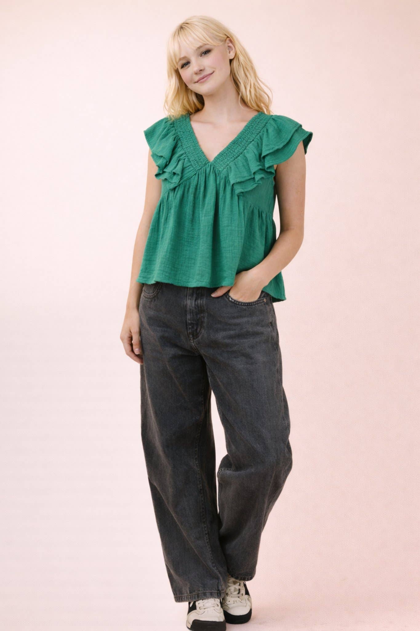 Smocking Detail Ruffle Sleeve Cotton Gauze Top