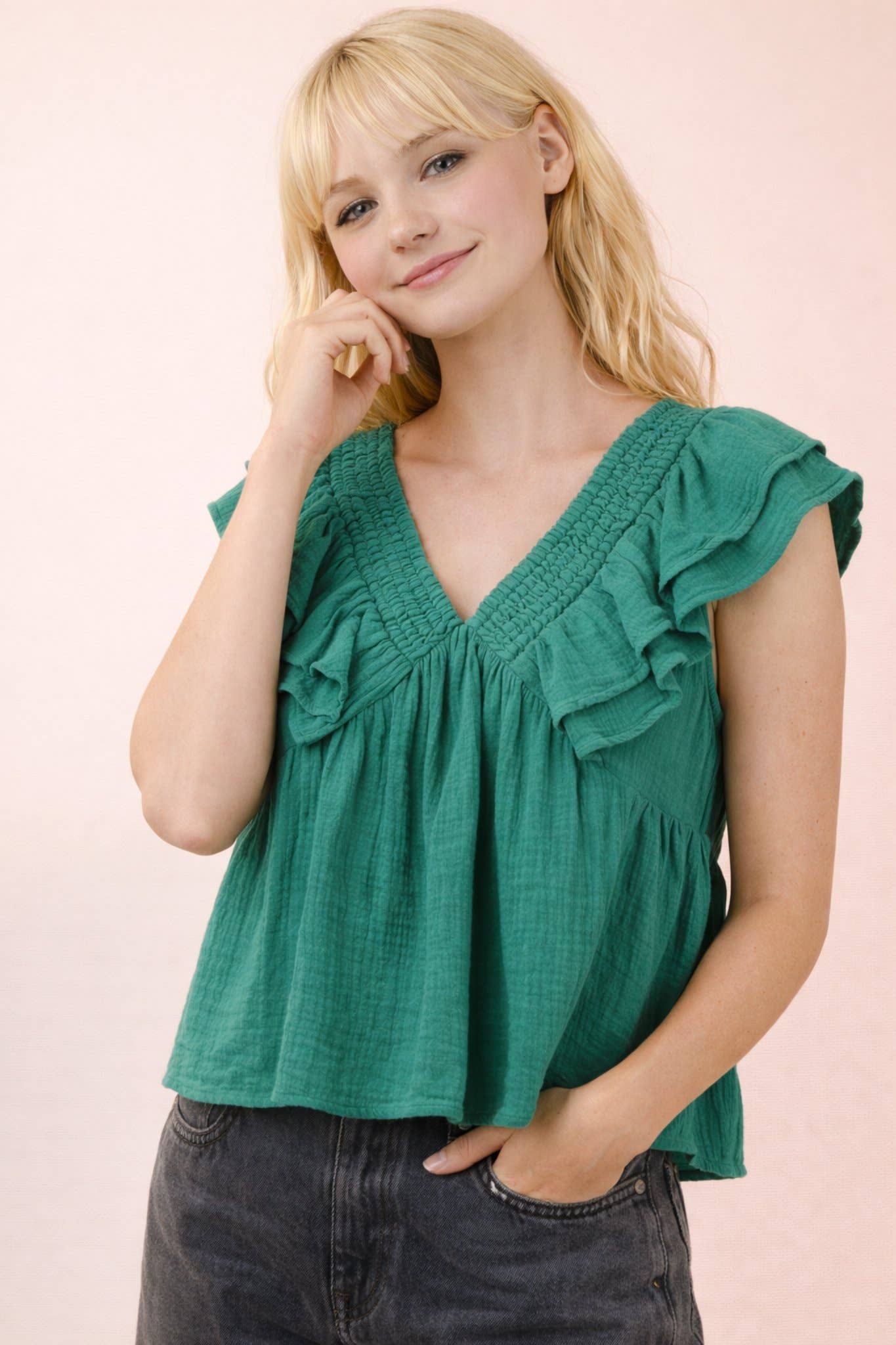 Smocking Detail Ruffle Sleeve Cotton Gauze Top