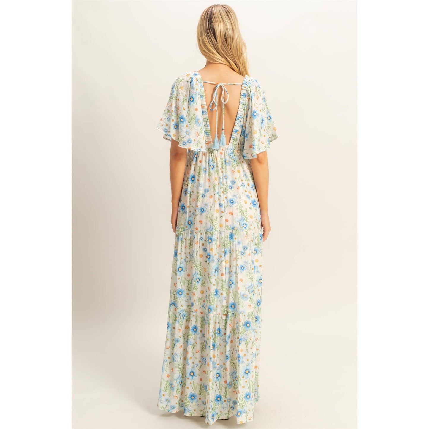 Floral V-Neck Flowy Tiered Maxi Dress: BLUE