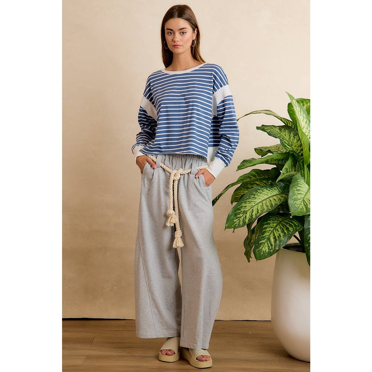 Blue/Ivory Stripe Open Back Long Sleeve Top