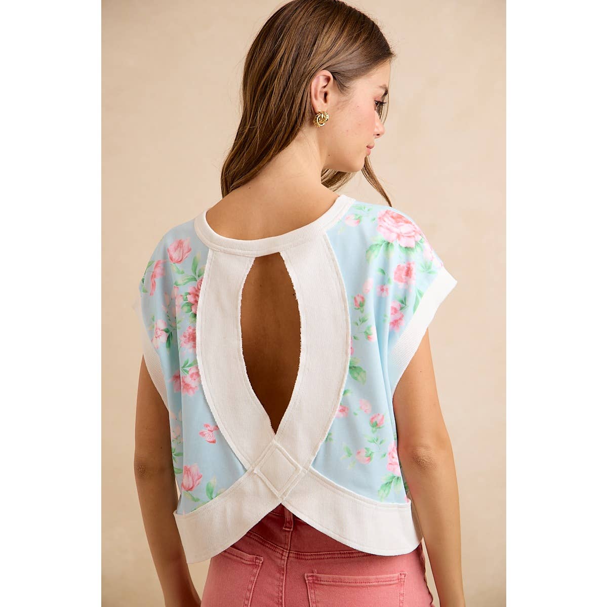 Lt Blue/Pink Floral Printed Terry Open Back Sleeveless Top