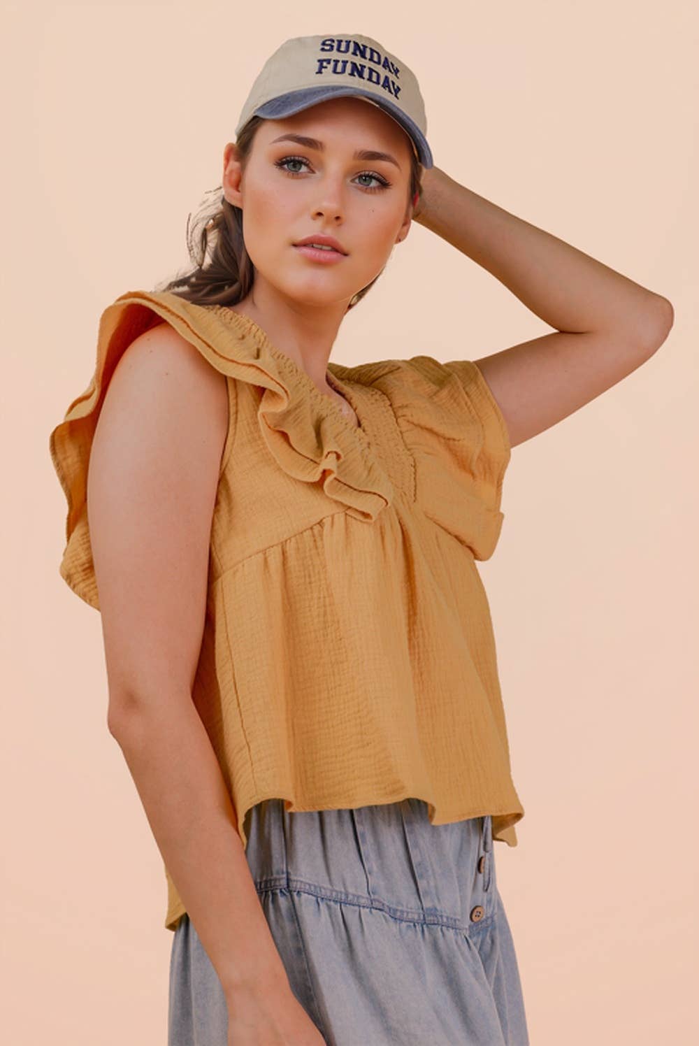 Smocking Detail Ruffle Sleeve Cotton Gauze Top