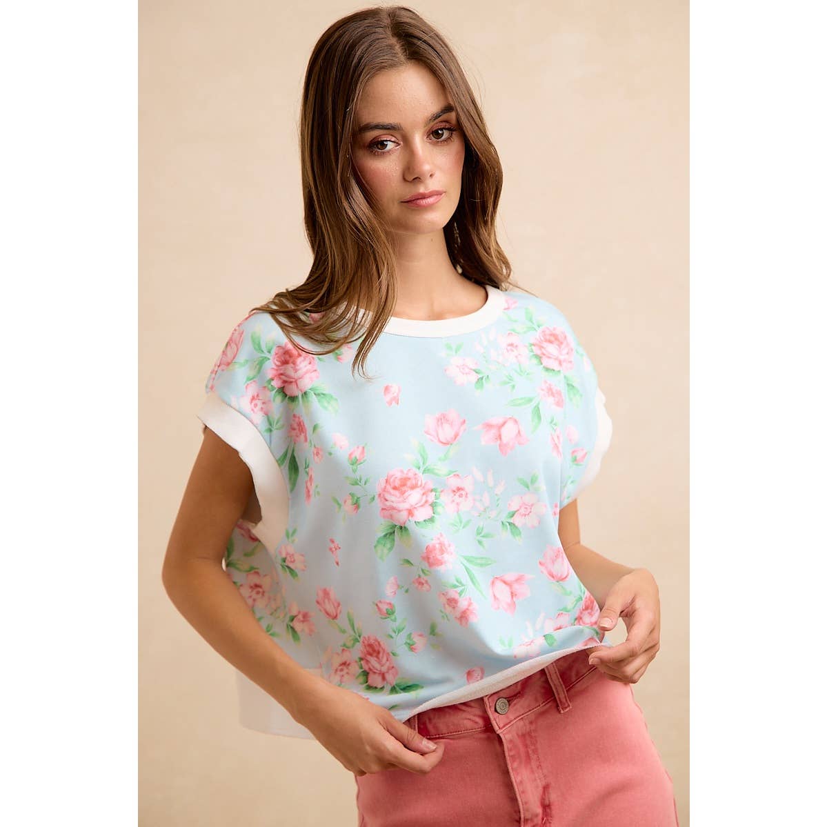 Lt Blue/Pink Floral Printed Terry Open Back Sleeveless Top