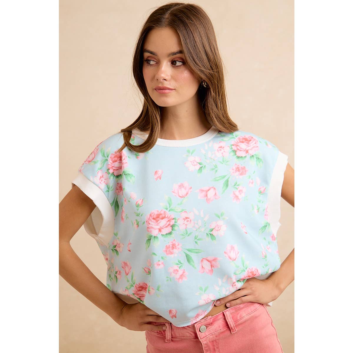 Lt Blue/Pink Floral Printed Terry Open Back Sleeveless Top