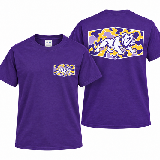 Camo Bulldog | Front Pocket + Full Back Design | Gildan T-Shirt