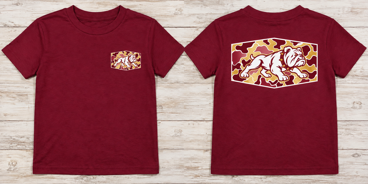 Camo Garnet Bulldog | Front Pocket + Full Back Design | LAT T-Shirt