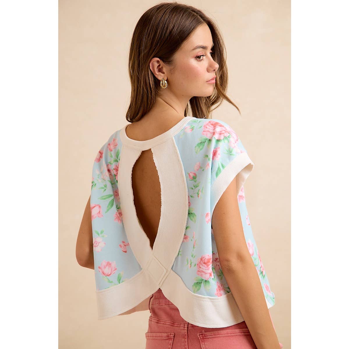 Lt Blue/Pink Floral Printed Terry Open Back Sleeveless Top