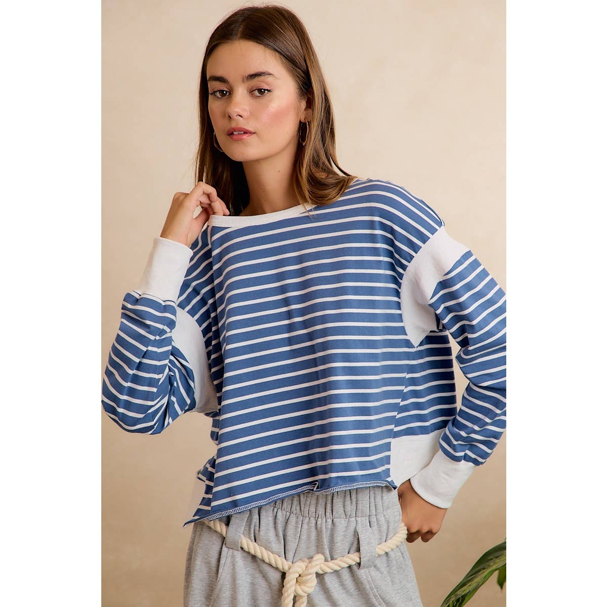 Blue/Ivory Stripe Open Back Long Sleeve Top