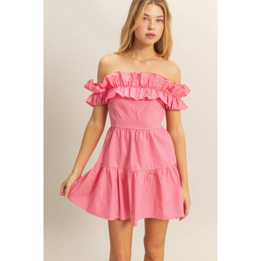 Poplin Off Shoulder Ruffled Mini Dress: PINK
