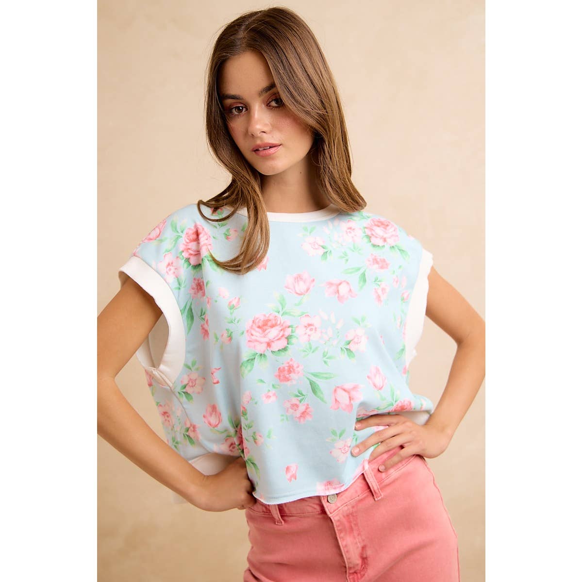 Lt Blue/Pink Floral Printed Terry Open Back Sleeveless Top