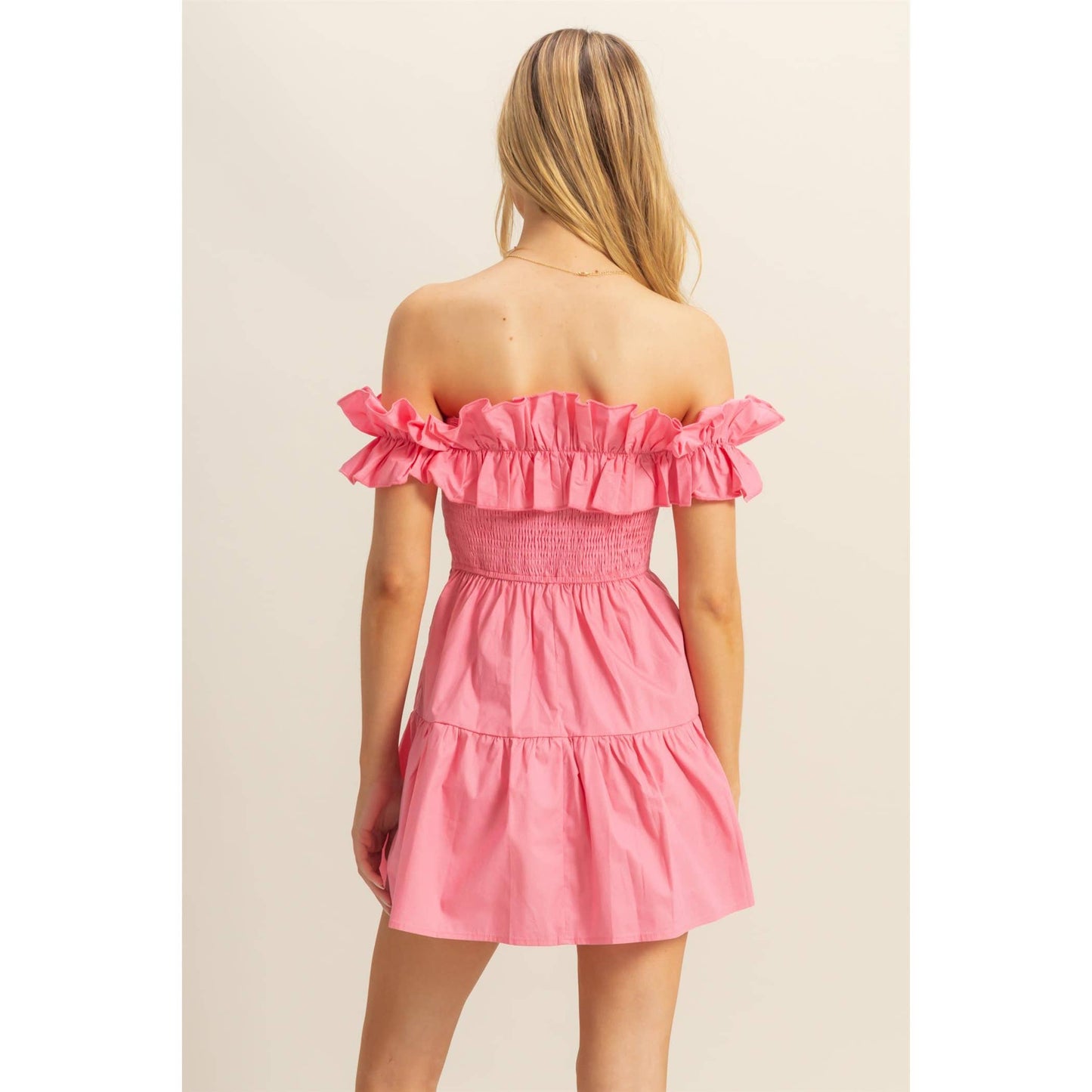 Poplin Off Shoulder Ruffled Mini Dress: PINK