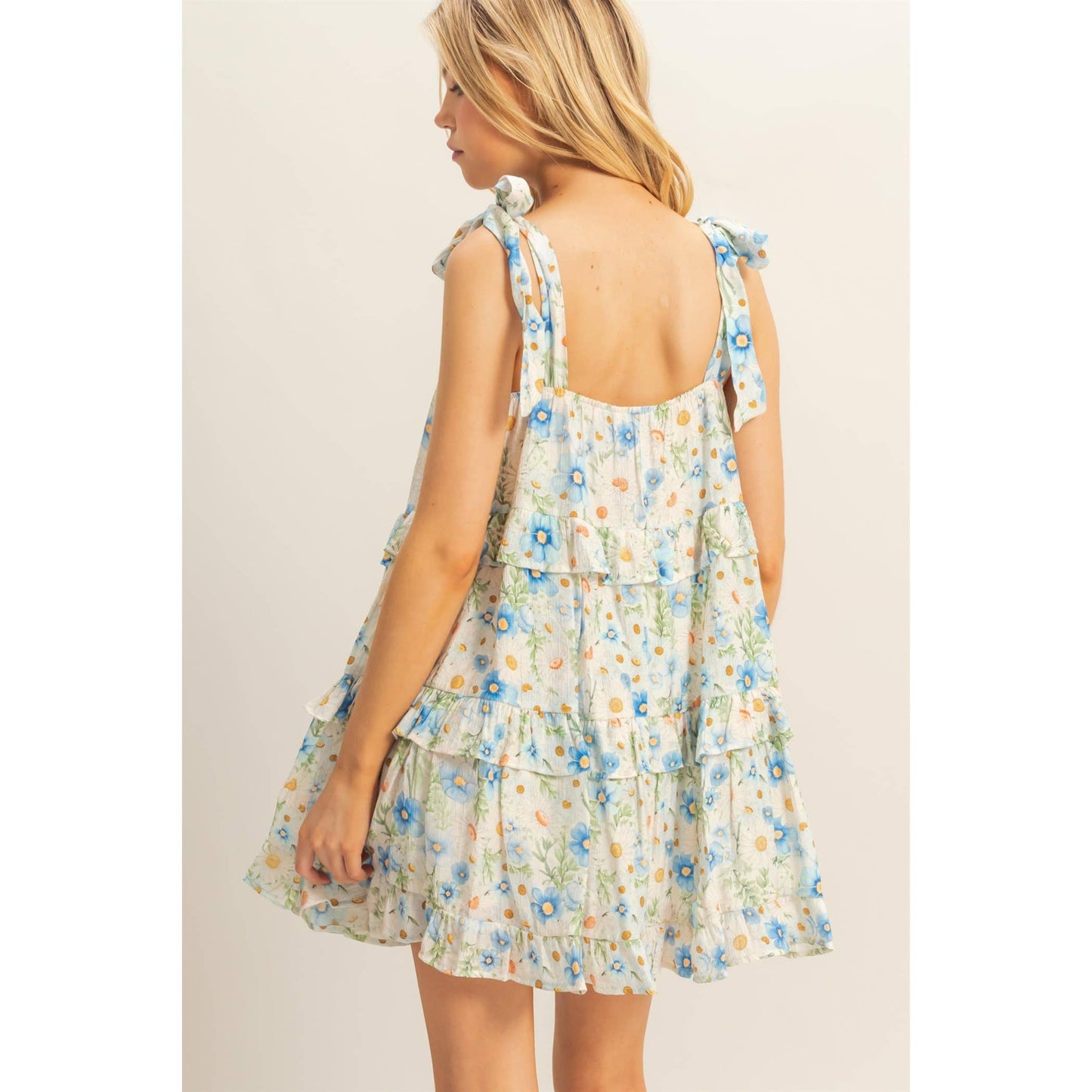 Floral Self-Tie Straps Ruffle Mini Dress: BLUE