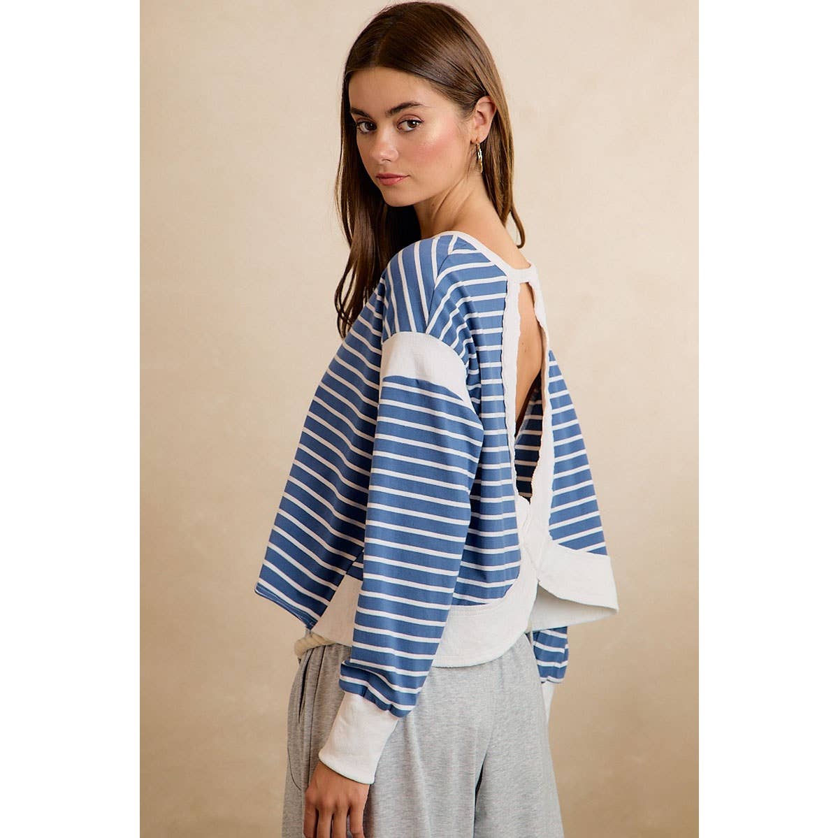Blue/Ivory Stripe Open Back Long Sleeve Top